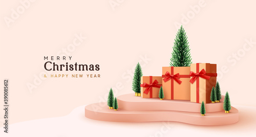 Christmas gifts on delivery podium realistic 3d objects. Xmas decorative composition. Gift card, holiday banner, poster, cover, flyer, bright brochure. Holiday winter design. New Year gifts surprise