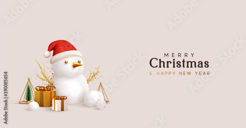 Merry Christmas and Happy New Year. Xmas Festive background. Realistic 3d objects snowman, gifts boxes, decorative design elements tree and snow. Holiday Greeting card, banner, web poster.