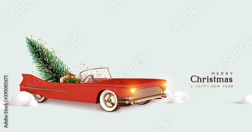 Merry christmas and Happy New Year. Red retro convertible car with Christmas tree. Xmas 3d design, vintage banner, modern poster, holiday flyer, template brochure. Winter vector illustration
