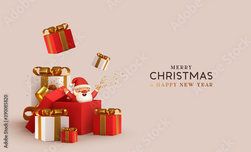 New Year and Christmas design. Realistic white and red gifts boxes. Open gift box. surprise funny santa claus. Holiday banner, poster, flyer, stylish brochure, greeting card, cover. Xmas background