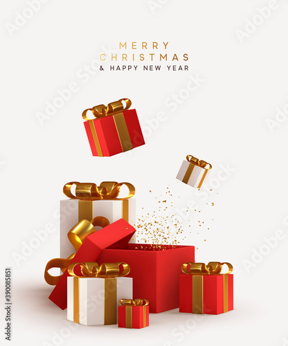 Realistic pile white and red gifts boxes. Open gift box. Decorative festive object. New Year and Christmas design. Holiday banner, poster, flyer, stylish brochure, greeting card, Xmas background