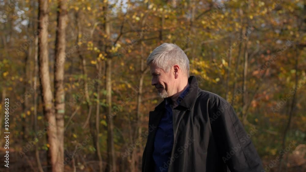 Mature middle-aged man throws leaves in the air in a forest in late autumn. Attractive caucasian man plays in nature and enjoys his life. Beautiful colored trees during fall. Slow-motion. Mature middle-aged man throws leaves in the air in a forest in late autumn. Attractive caucasian man plays in nature and enjoys his life. Beautiful colored trees during fall. Slow-motion.