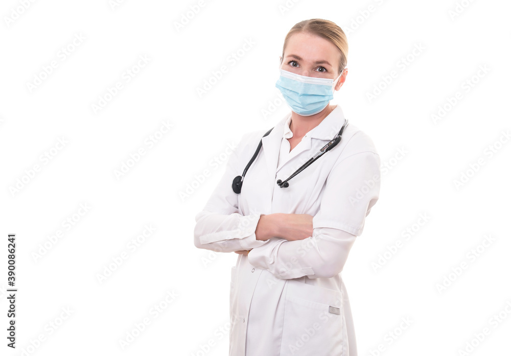 Young doctor in white uniform and stethoscope wearing mask on isolated background Young doctor in white uniform and stethoscope wearing mask on isolated background