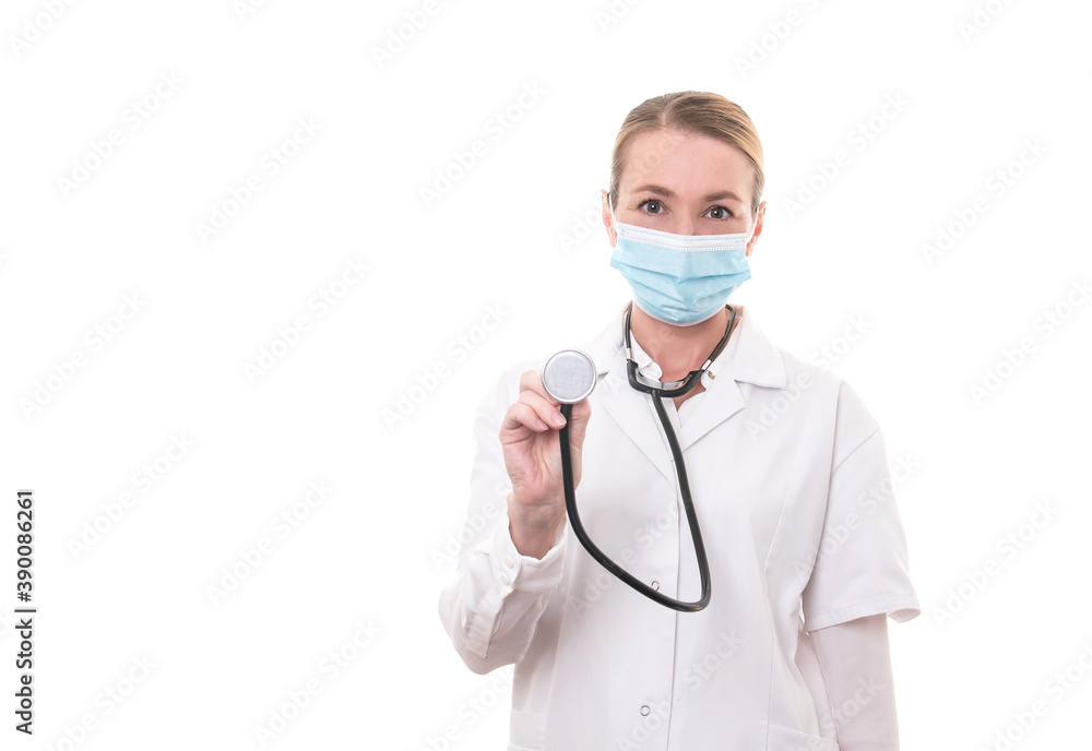 Young doctor in white uniform and stethoscope wearing mask on isolated background Young doctor in white uniform and stethoscope wearing mask on isolated background