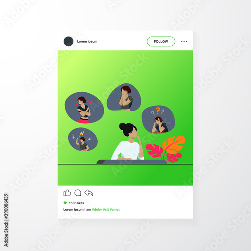 Woman expressing strong various feelings and emotions. Girl suffering from distracted behavior and mood changes. Vector illustration for mental disorder, psychology, stress, crisis concept