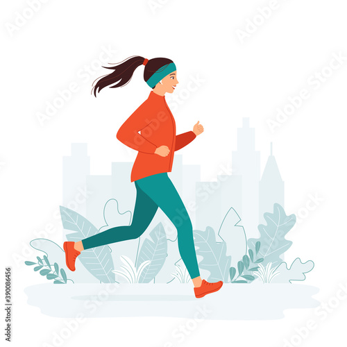Young woman runs in a city park during the cold season. Active healthy lifestyle concept, jogging, city competition, running marathons, cardio workout, exercise. Isolated vector illustration