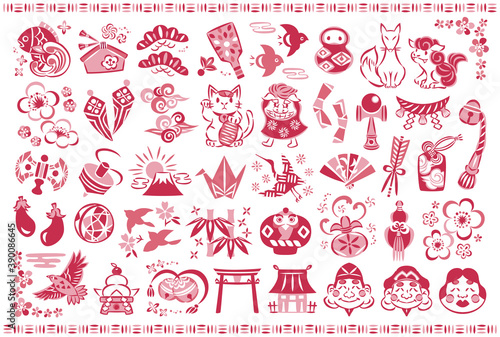 お正月・縁起物・招き猫・獅子舞などのアイコンイラストセット