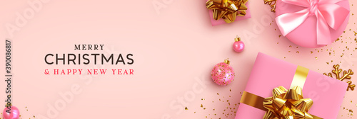 Christmas banner. Background Xmas design of realistic pink gift box, golden 3d render snowflake and glitter gold confetti, bauble ball. Horizontal christmas poster, greeting card, headers for website