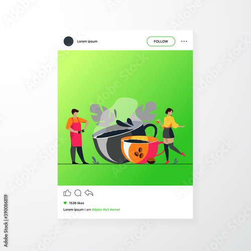 Happy people drinking black coffee. Barista making espresso among cups and beans for coffee shop customer. Flat vector illustration for beverage, morning, coffee concept