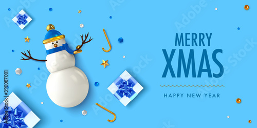 Christmas background in 3d realistic vector design. Abstract xmas flatlay with gifts, snowman and golden balls. Happy new year card illustration. Web banner template layout.
