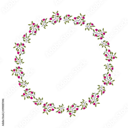 Floral wreath, branches with leaves and bright magenta flowers on white. Vector illustration, design for poster, banner, invitation, book, fashion fabric, wrapping.