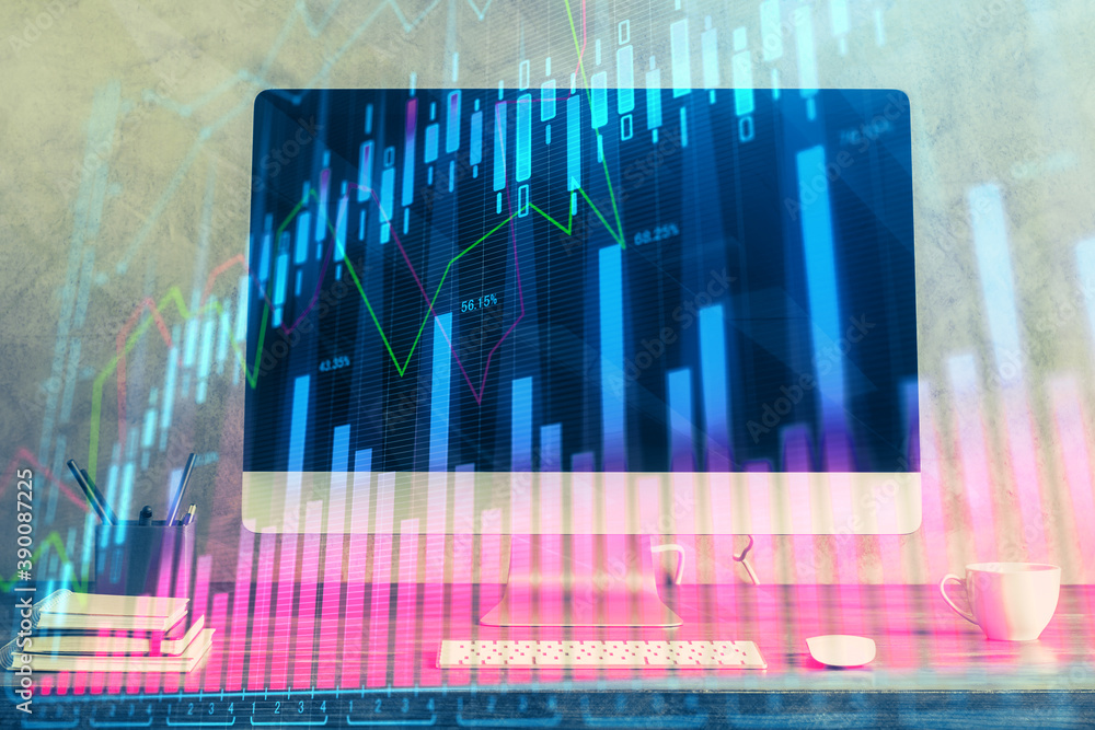 Financial market graph hologram and personal computer on background. Multi exposure. Concept of forex. Financial market graph hologram and personal computer on background. Multi exposure. Concept of forex.