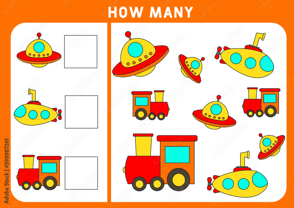 Counting Game for Preschool Children. Educational a mathematical game. Subtraction worksheets. How many objects task. Learning mathematics, numbers. Set of transports - submarine, ufo, train. Counting Game for Preschool Children. Educational a mathematical game. Subtraction worksheets. How many objects task. Learning mathematics, numbers. Set of transports - submarine, ufo, train.