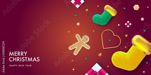 Christmas background in 3d realistic vector design. Abstract xmas tree with gift stocking, cookie and golden balls. Happy new year card illustration. Web banner template layout.