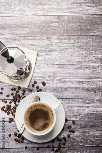 top view coffee cup with coffeepot on wooden table