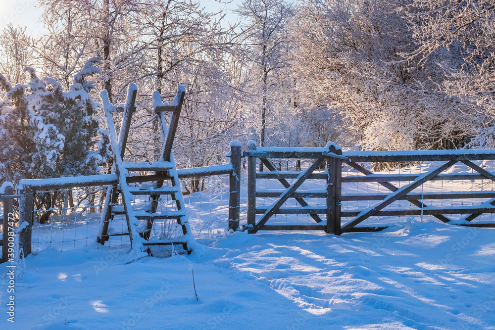 Gate at a footpath with frost and snow
