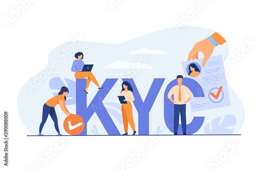 Know your customer concept. Marketing team doing research, collecting client surveys, analyzing risks. Business group using laptops and documents near KYC huge letters