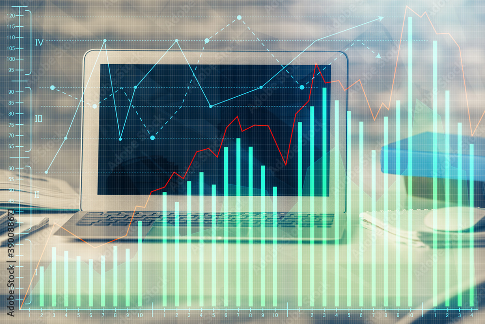 Double exposure of graph and financial info and work space with computer background. Concept of international online trading. Double exposure of graph and financial info and work space with computer background. Concept of international online trading.