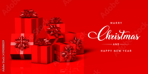 Illustration of Christmas red ribbon and red gift box, red background by 3d rendering