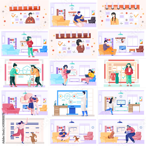 Pet owner in the interior of the room with domestic animal dog and cat. Sewing workshop, coronavirus statistics, people in protective medical face mask. Doctor or laboratory assistant doing research