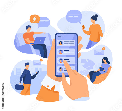 Mobile phone user sharing news online, sending messages to friends, holding cellphone with contact list on screen. Vector illustration for refer a friend, email marketing concept