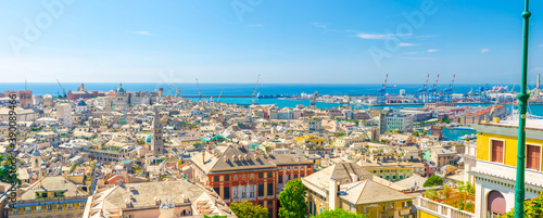 Top aerial scenic panoramic view from above of old historical centre quarter districts, panorama of european city Genoa (Genova), port and harbor of Ligurian and Mediterranean Sea, Liguria, Italy
