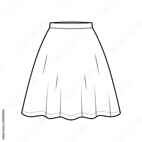 Skirt flared skater technical fashion illustration with above-the-knee silhouette, semi-circular fullness. Flat bottom template front, white color style. Women, men, unisex CAD mockup