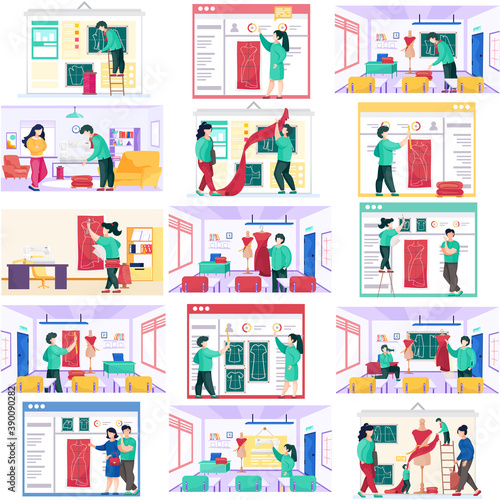 Team of seamstresses working on sewing clothes around mannequin with dress. Vector people character scenes set. Clothes class interior. The concept of tailoring fashionable clothes. Creative atelier