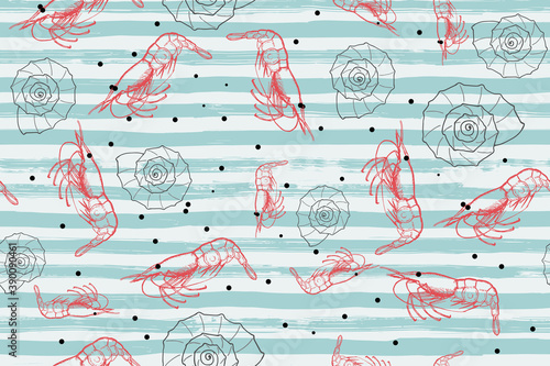 Seamless background with hand painted shrimps and shells on blue striped background in sketch style. There is a swatch in the panel. Elements are under mask, not cropped