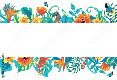 Banner with tropical leaves, flowers and a bird.
