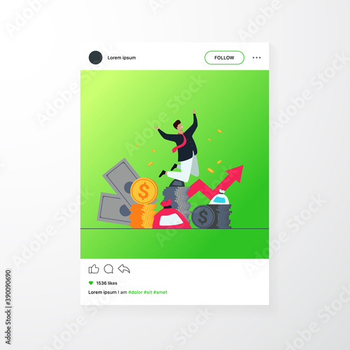 Happy rich banker celebrating income growth. Broker enjoying success in stock market trading. Flat vector illustration for money, finance, millionaire concept
