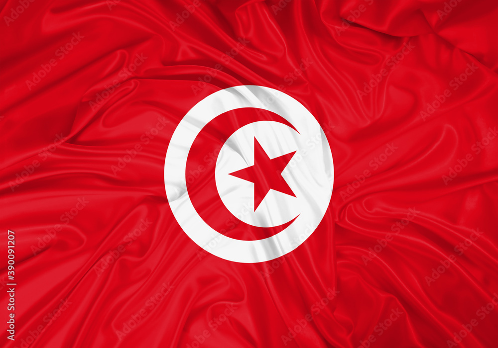Obraz premium Tunisia national flag texture. Background for international concept. Simple waving flag.