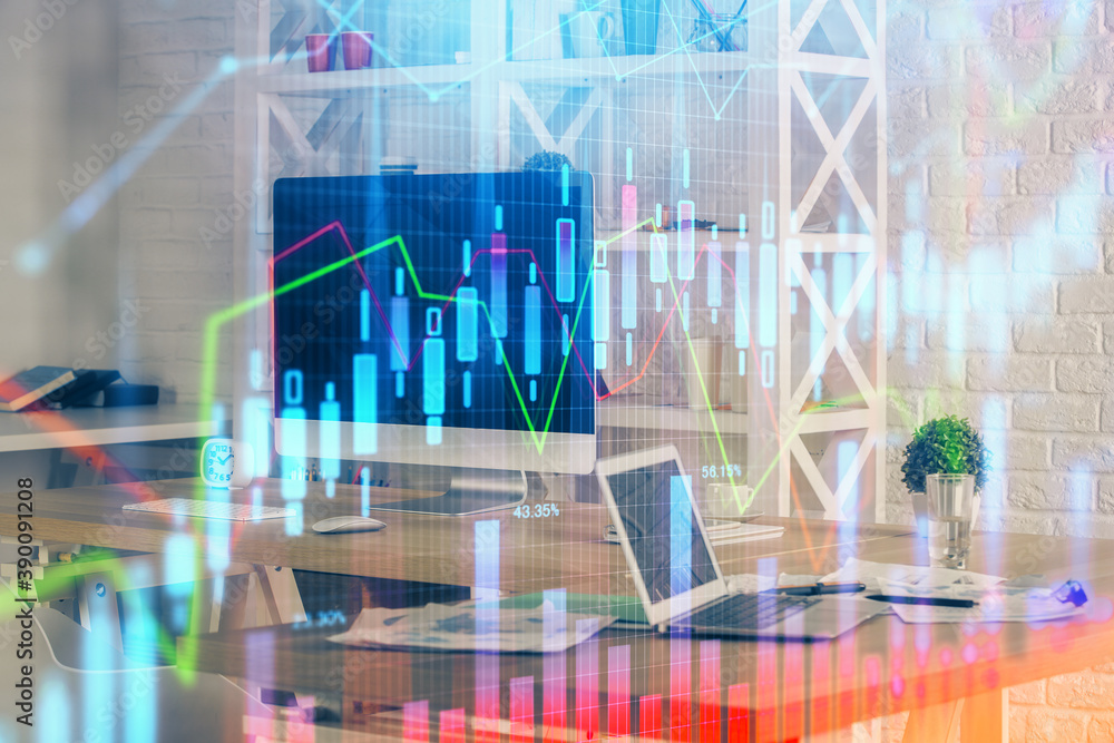 Financial graph colorful drawing and table with computer on background. Double exposure. Concept of international markets. Financial graph colorful drawing and table with computer on background. Double exposure. Concept of international markets.