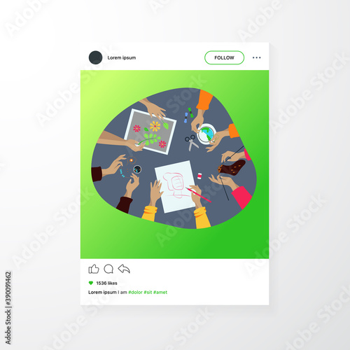 Creative handmade workshop flat vector illustration. Children making creative embroidery, scrapbooking and knitting. DIY, craft and craftwork concept.