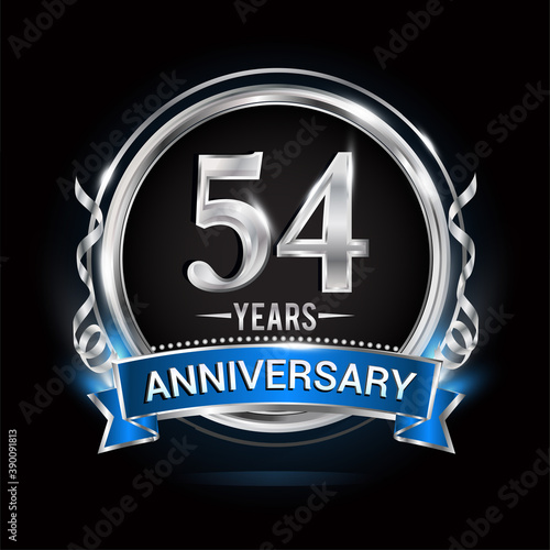 Logo celebrating 54th years anniversary with silver ring and blue ribbon.