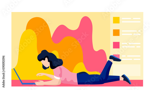 A girl lying on the floor at home and correspondence surfing the Internet. Female character communicating through network on the laptop. Social media network communication digital gadget addiction