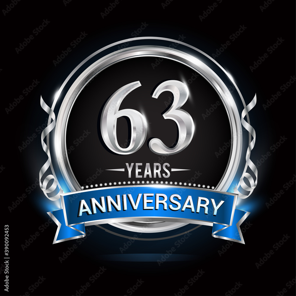 Logo celebrating 63rd years anniversary with silver ring and blue ribbon. Logo celebrating 63rd years anniversary with silver ring and blue ribbon.