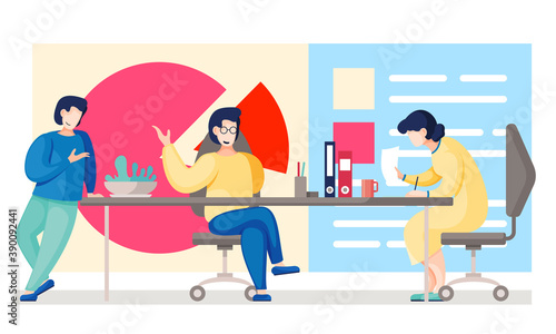 Colleagues communicate at the workplace. Office staff working day. Workflow management. People spend time together. Business data analysis. Mental office work. Girl makes notes during the conversation