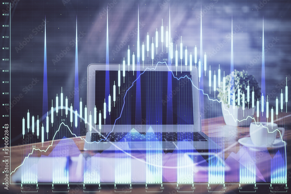 Financial market graph hologram and personal computer on background. Multi exposure. Concept of forex. Financial market graph hologram and personal computer on background. Multi exposure. Concept of forex.