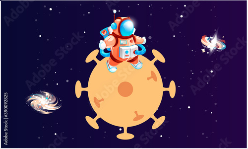 Cartoon astronaut on the planet in the form of a virus. Cosmonaut in outer space with comet. Spaceman in a colorful spacesuit among bright stars on cosmos background. Character of cartoon space game
