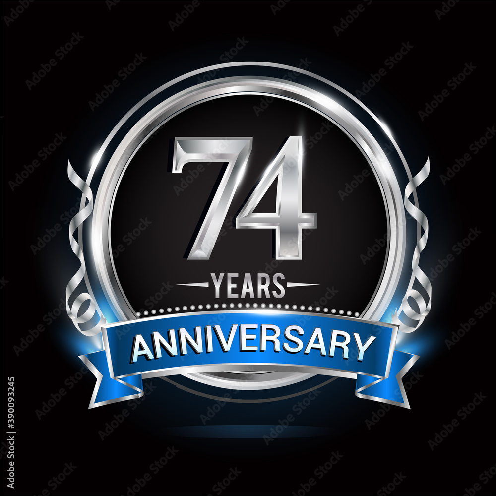 Logo celebrating 74th years anniversary with silver ring and blue ribbon. Logo celebrating 74th years anniversary with silver ring and blue ribbon.