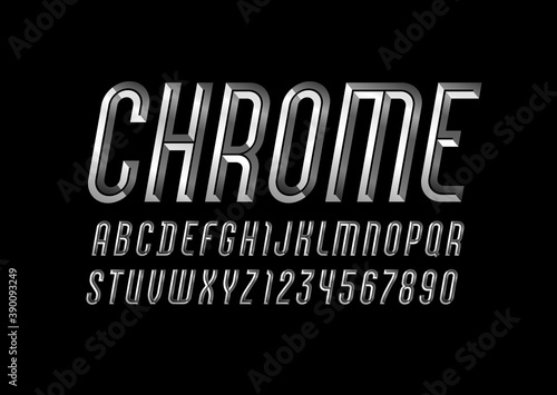 Chrome alphabet from chiseled block, font with effect of metallic, beveled italic letters and numbers, vector illustration 10EPS for you design