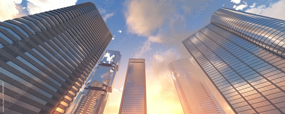 Beautiful skyscrapers against the background of clouds, modern high-rise buildings at sunset, panorama of skyscrapers from below, sunset in the skyscrapers, 3D rendering