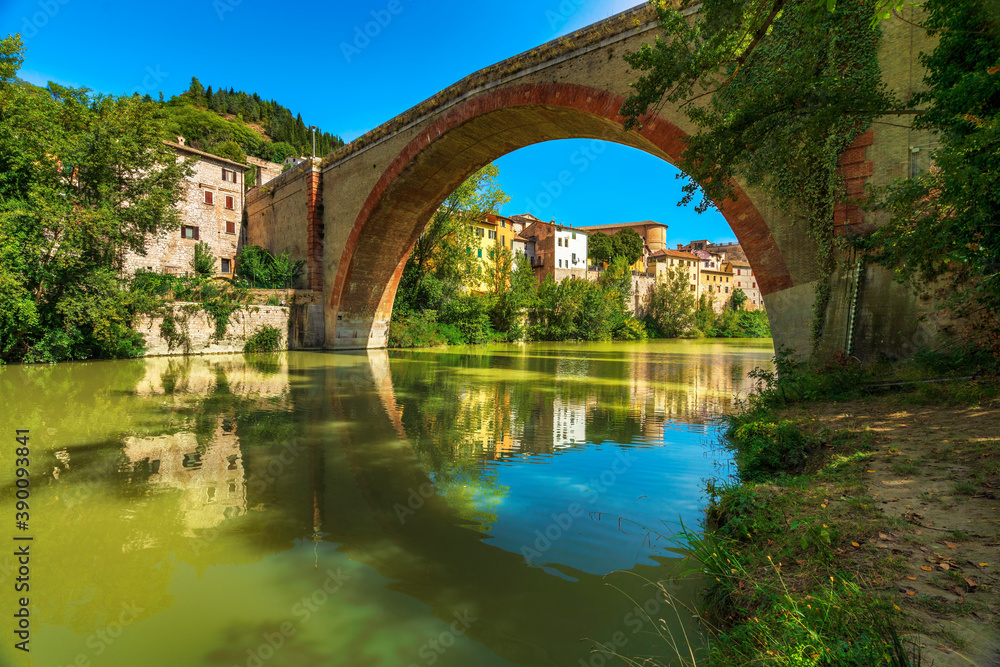 Ponte della Concordia, Roman bridge and river Metauro. Fossombrone, Marche, Italy.