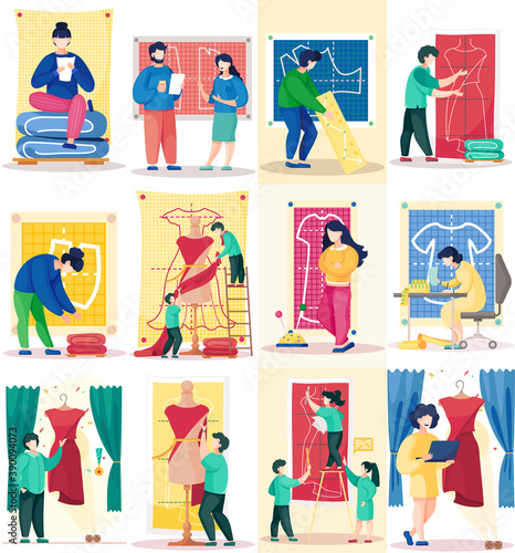Team of seamstresses working on sewing clothes around mannequin with dress. Vector people character scenes set. Clothes class interior. The concept of tailoring fashionable clothes. Creative atelier