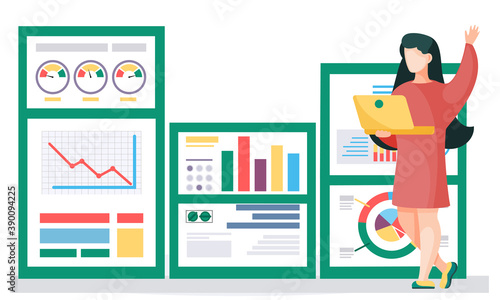 The woman works with graphs and charts on the background. The marketer studies information about the metrics. Girl with laptop raises her hand to give an answer. Statistical analyzes of financial work