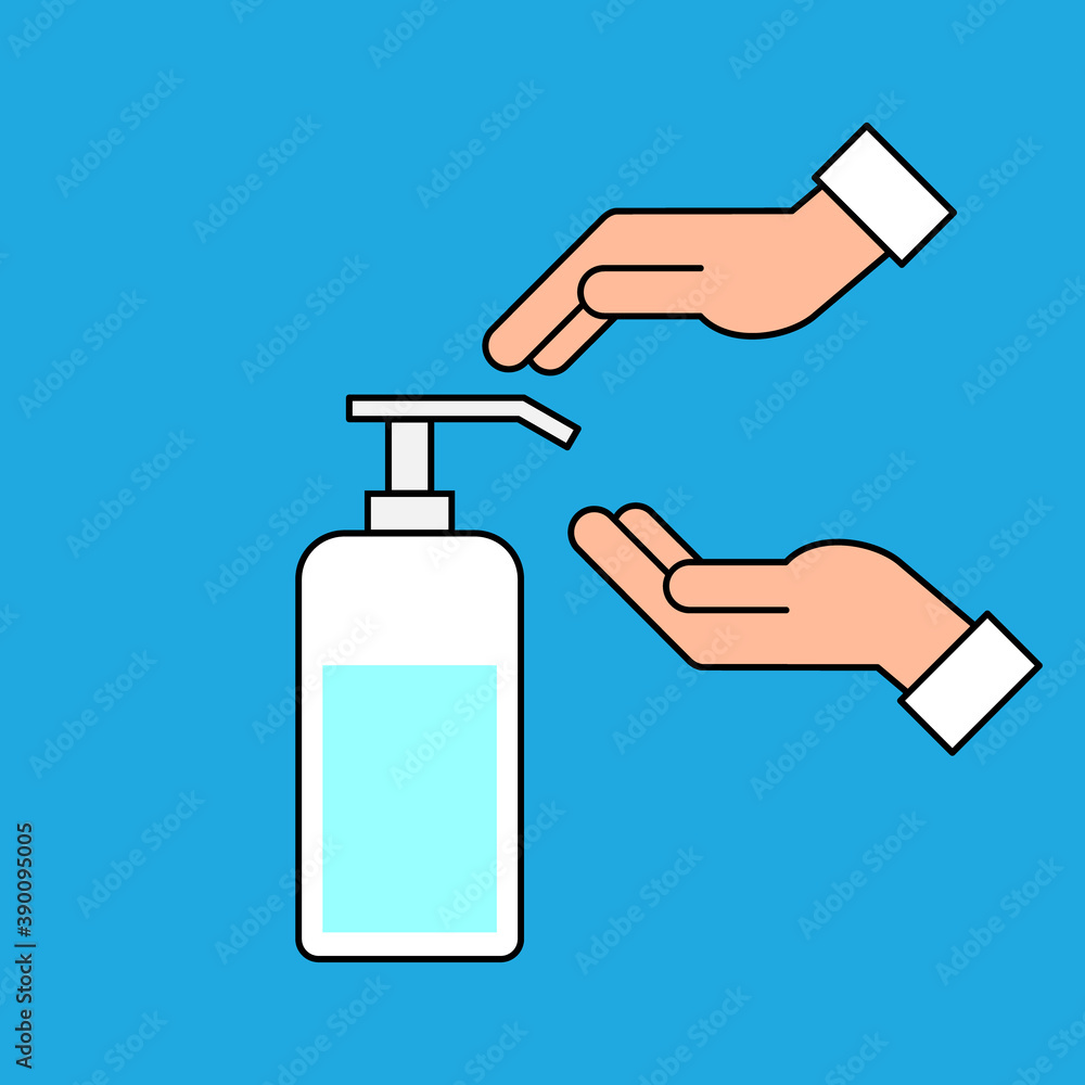 Hand disinfection sign or symbol. Hands using sanitizer bottle pump. Washing hands concept. Liquid soap. Color icon on blue background. Antiseptic product. Vector illustration, flat, clip art Hand disinfection sign or symbol. Hands using sanitizer bottle pump. Washing hands concept. Liquid soap. Color icon on blue background. Antiseptic product. Vector illustration, flat, clip art