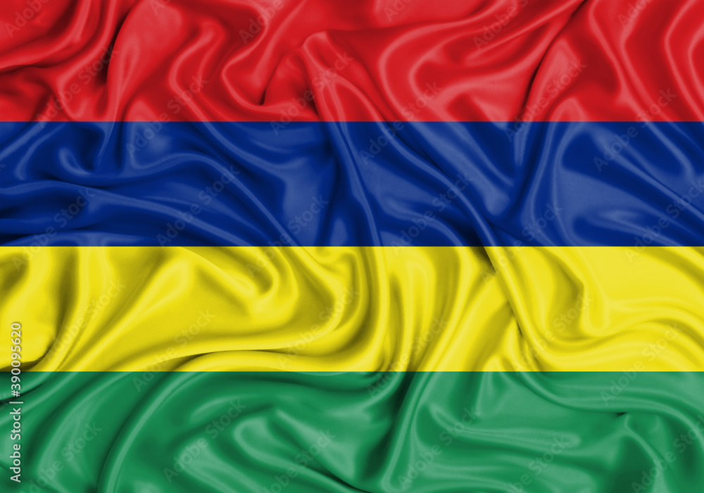 Naklejka premium Mauritius , national flag on fabric texture waving background.
