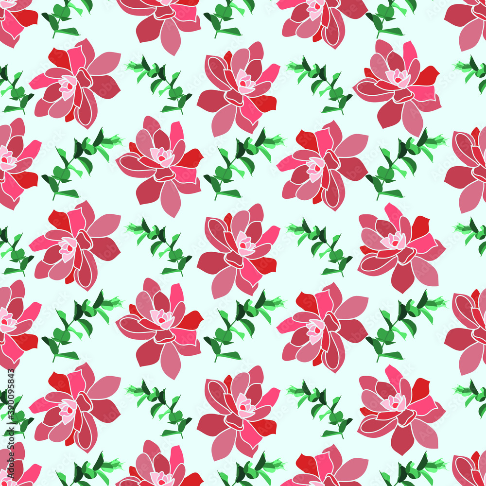 pink floral print with leaves and sky blue background seamless repeat pattern