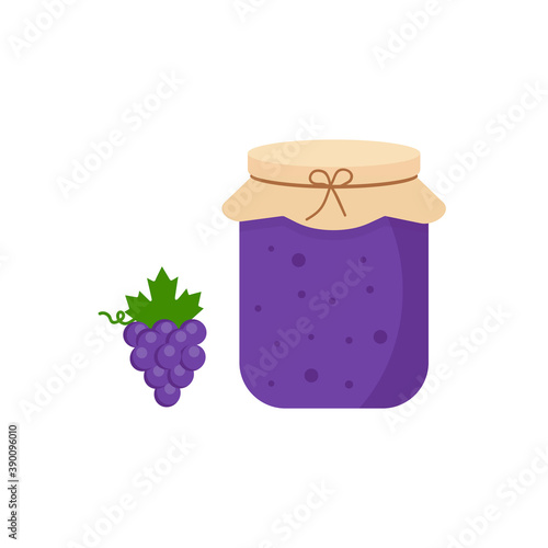 This is a glass jar of jam with grape isolated on a white background.